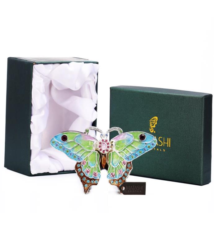 Matashi Hand Painted Butterfly In Flight Ornament/trinket Box W Crystals