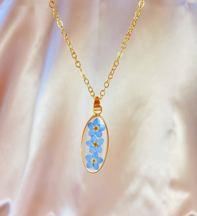 Dried Forget Me Not Flower Handmade Resin Pendant Necklace