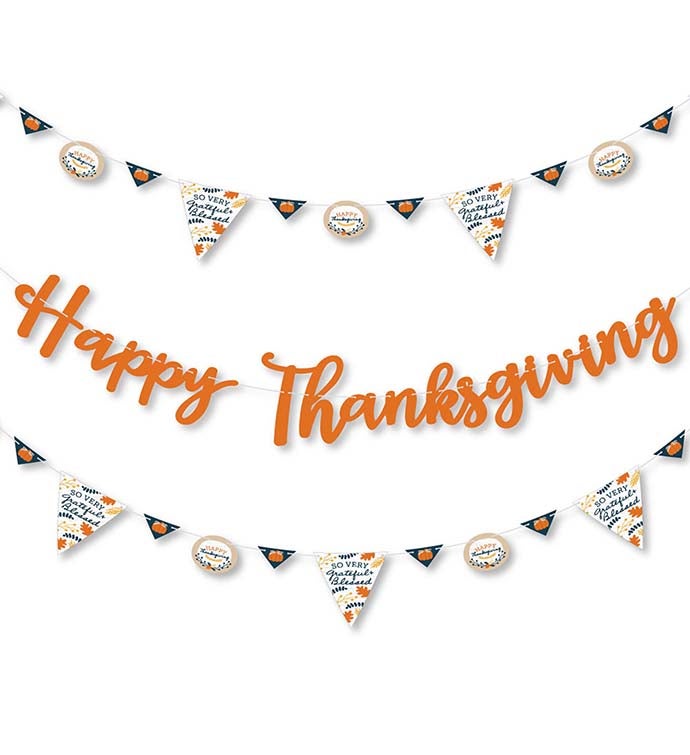 Thankful & Happy Fall Banner Set - Thanksgiving Party Decor With Glitter & Hanging Swirls