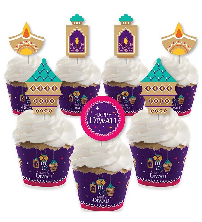 Happy Diwali   Cupcake Decor   Cupcake Wrappers & Treat Picks Kit   24 Ct