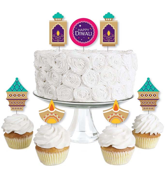 Happy Diwali   Dessert Cupcake Toppers   Party Clear Treat Picks   24 Ct
