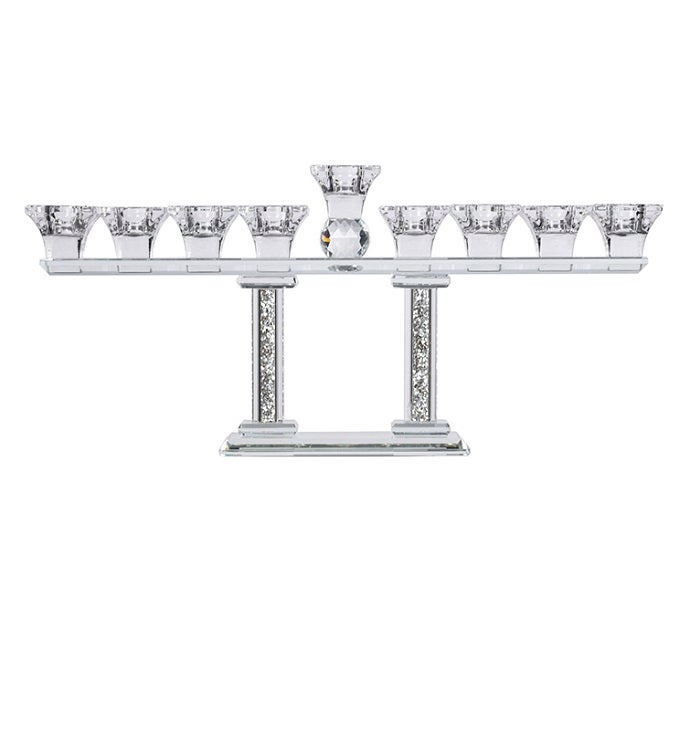 Crystal Menorah On Two Pillars With Inner Gemstones