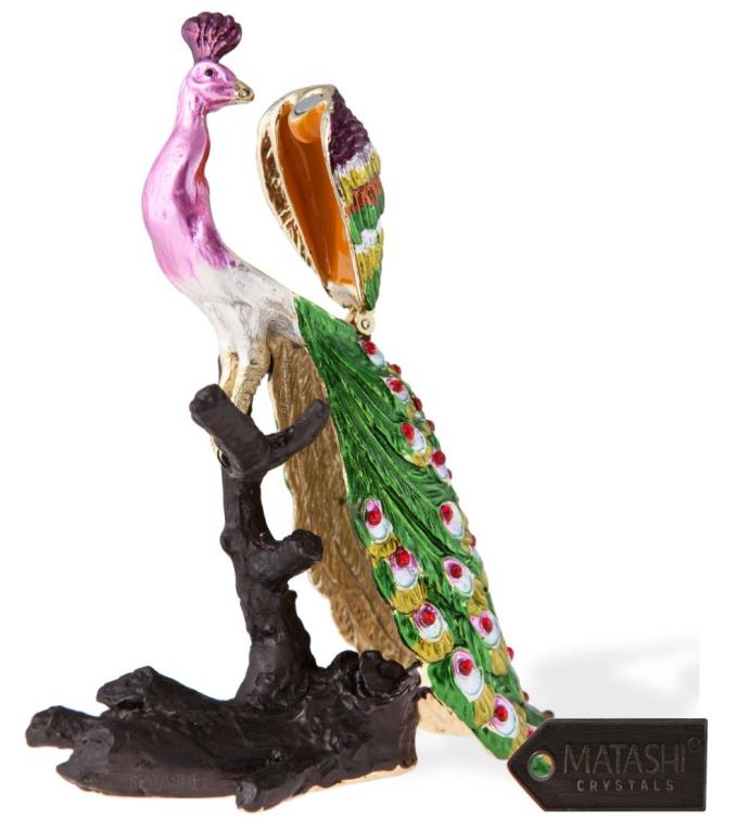 Matashi Hand Painted Regal Peacock On A Perch Ornament/trinket Box