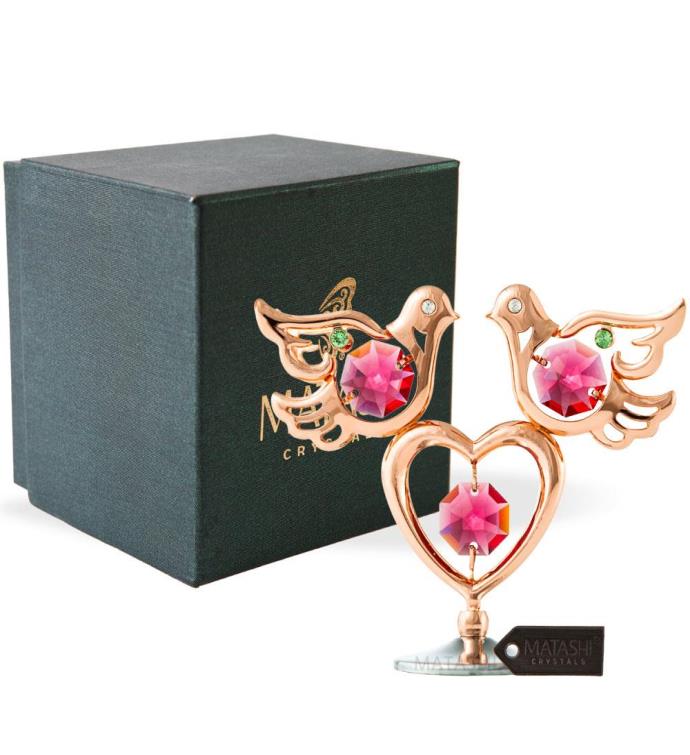 Rose Gold Plated Love Doves And Heart Table Ornament With Matashi Crystals