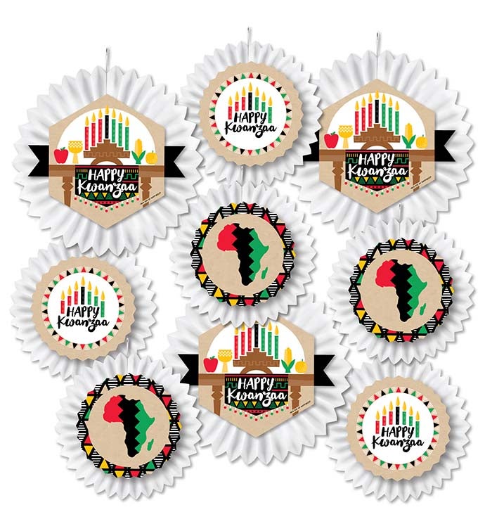 Happy Kwanzaa   Heritage Holiday Party Tissue Decor Kit Paper Fans 9 Ct