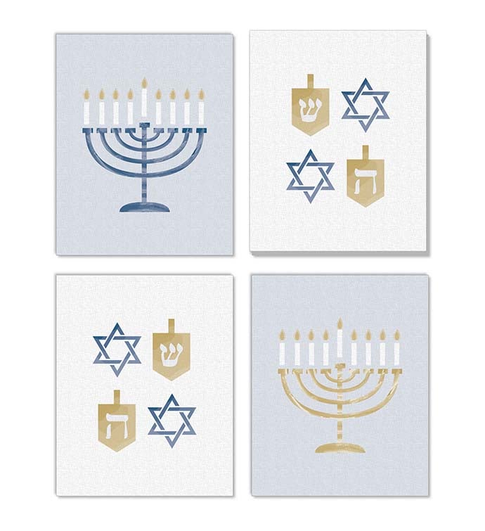 Happy Hanukkah   Unframed Linen Paper Wall Art   Set Of 4 Artisms 8 X 10 In