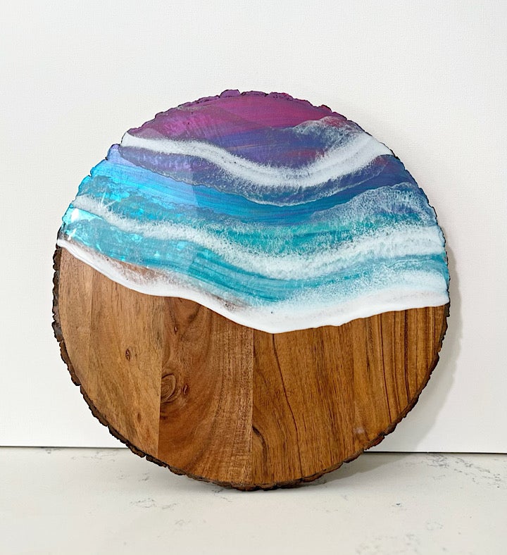 Hand Painted Sunset Seascape Round Charcuterie Board