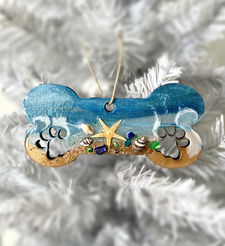 Hand-Painted Dog Bone Seascape Ornament
