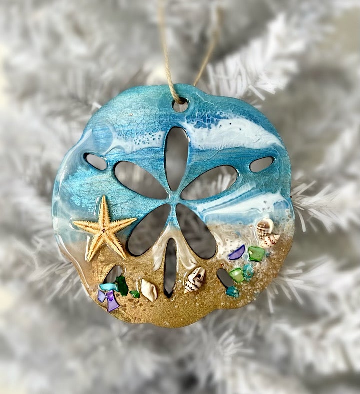 Hand Painted Sand Dollar Seascape Ornament