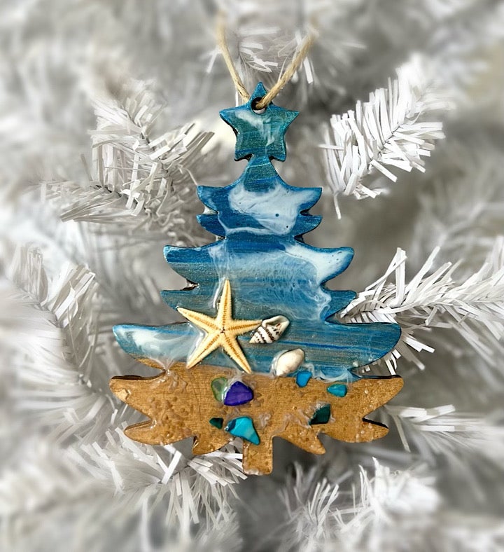 Hand-Painted Christmas Tree Seascape Ornament