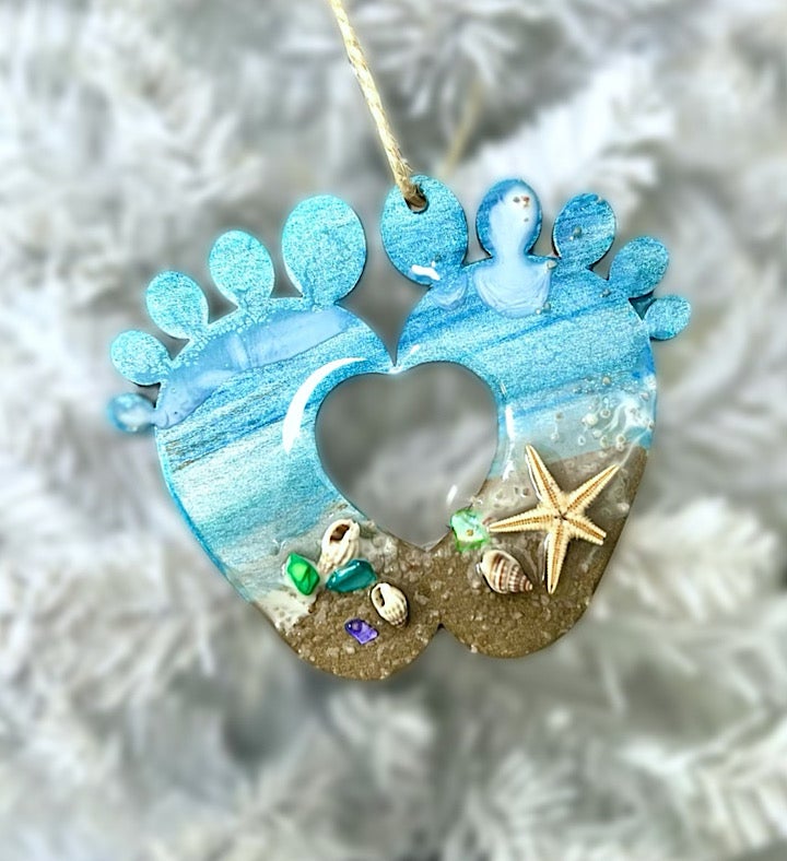 Hand Painted Baby Feet Seascape Ornament