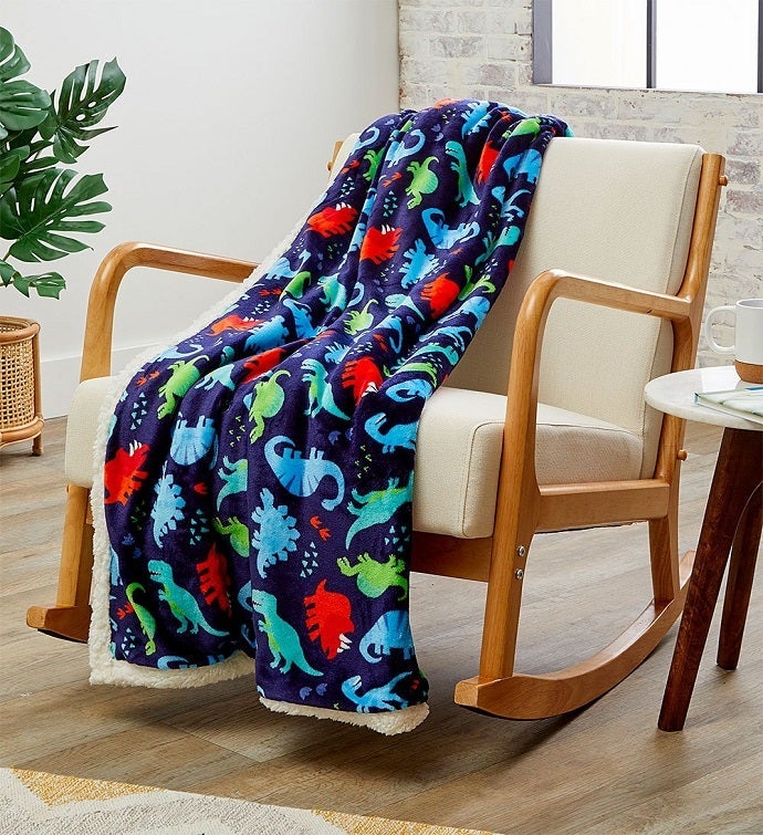 Navy Dino Sherpa Throw   50" X 60"