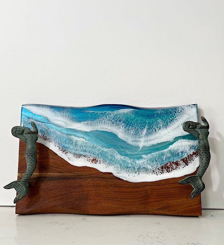 Hand painted Seascape Charcuterie Board With Mermaid Handles
