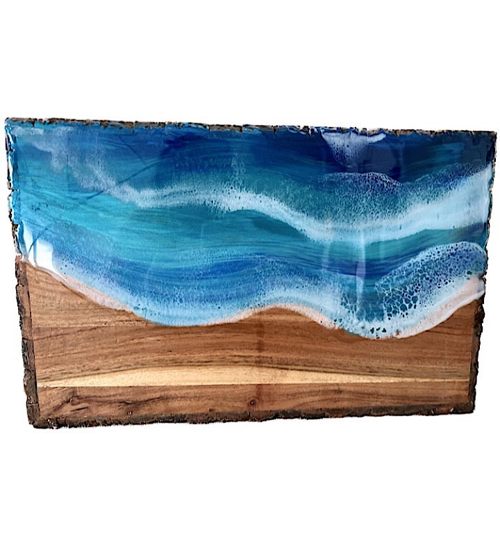 Hand Painted Seascape Live Edge Charcuterie Board   10” X 16”