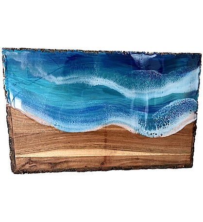 Hand-Painted Seascape Live Edge Charcuterie Board - 10” X 16”