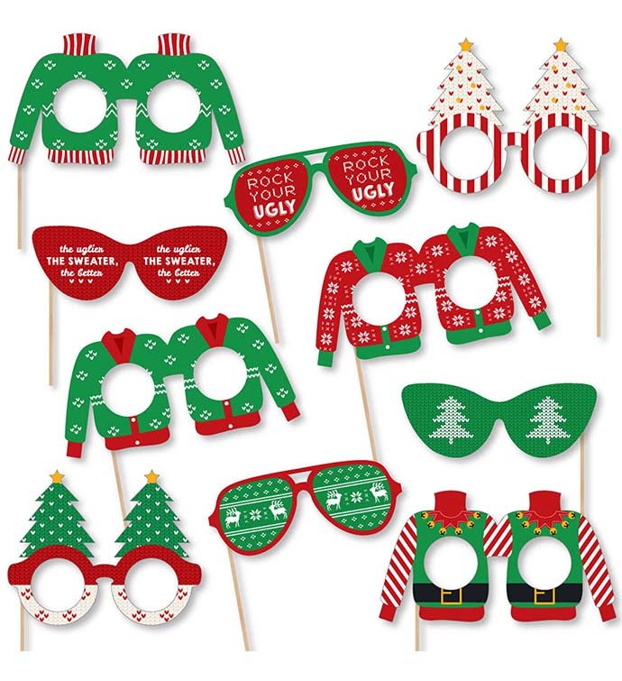 Ugly Sweater Glasses Paper Holiday Christmas Photo Booth Props Kit 10 Ct