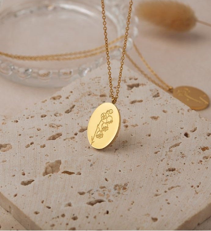 18k Gold Plated Oval Birth Flower Necklace