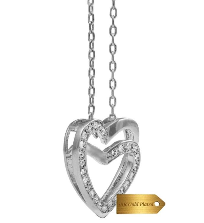 Matashi White Gold Plated Double Heart Pendant Necklace W Sparkling Crystal