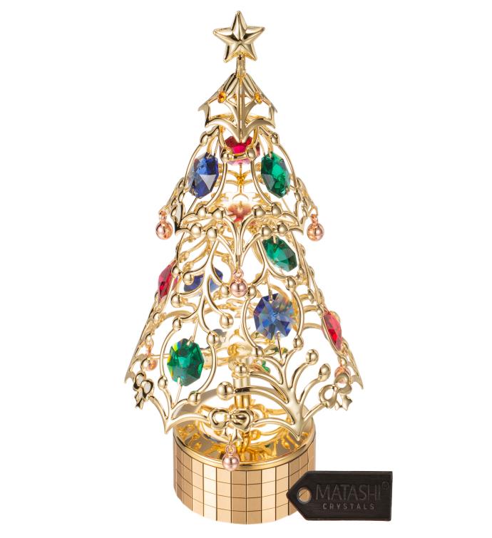 Matashi 24k Gold Plated Xmas Tree Wind up Music Box Plays  deck The Halls