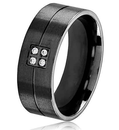 Crystal Satin Finish Black Plated Stainless Steel Ring