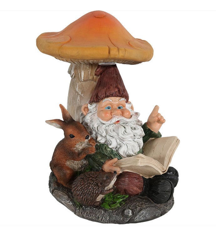 Bookworm Bernard The Garden Gnome Statue With Mushroom And Solar Light