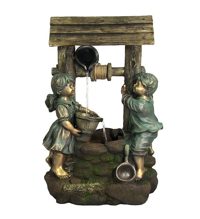 Children At The Well Outdoor Water Fountain Water Feature W/ Led   39"