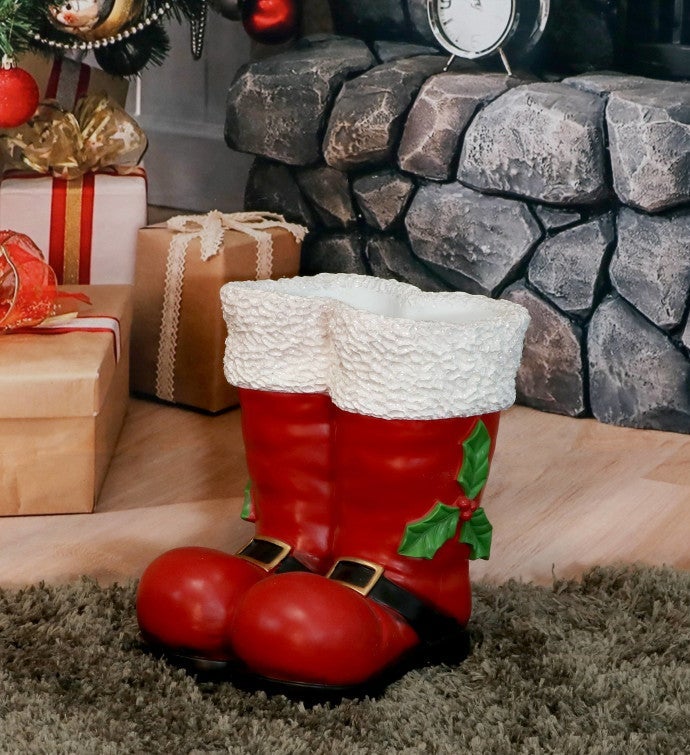 Santa Boots Statue - 13-inch Polyresin - Indoor Or Outdoor Decoration