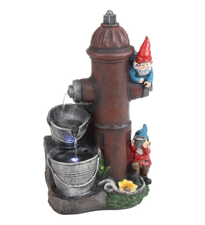 Fire Hydrant Gnomes Outdoor Water Fountain With Led Light - 16-inch