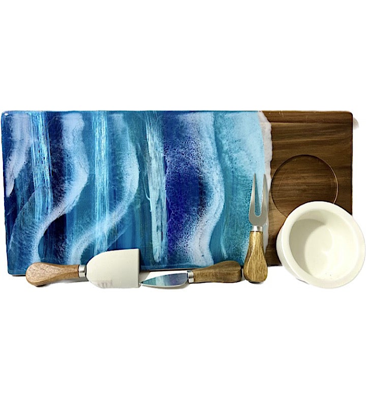 Hand-painted Seascape Charcuterie Board With Serving Accessories