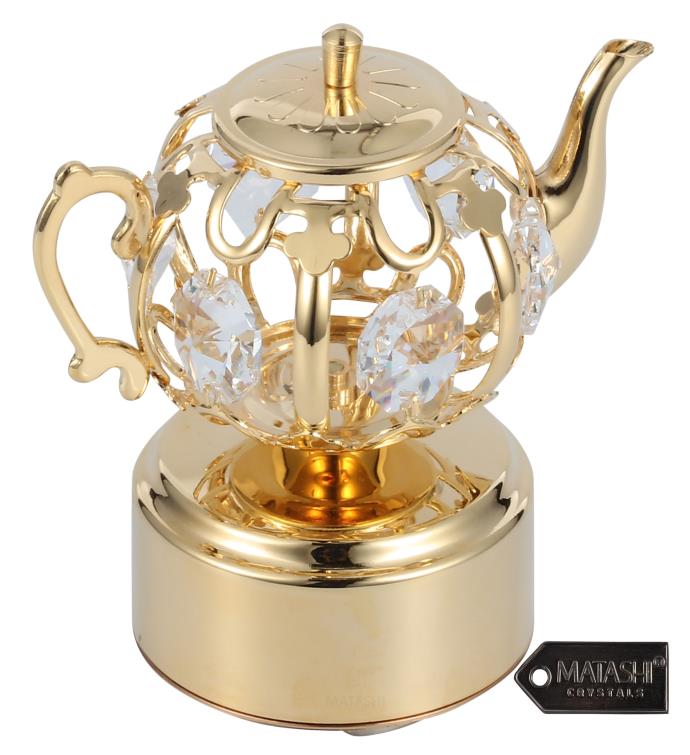 Matashi 24k Gold Plated Music Box With Crystal Studded Teapot