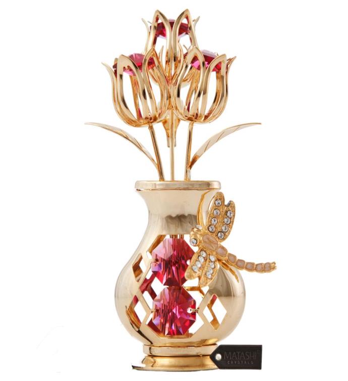 Gold Plated Crystal Studded Flower Ornament In A Vase