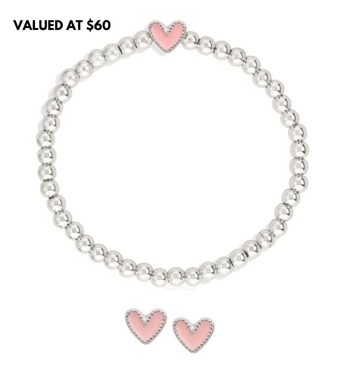 Luca + Danni Heart Stretch Bracelet + Stud Earring Set In Pink