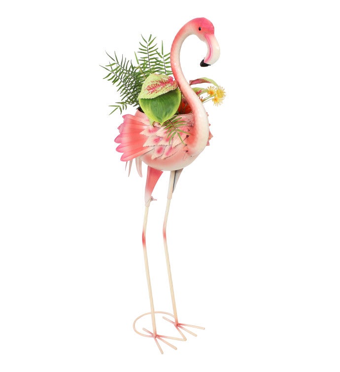Pink Flamingo Metal Outdoor Garden Statue With Flowerpot