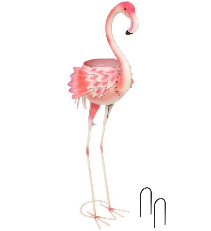 Pink Flamingo Metal Outdoor Garden Statue With Flowerpot