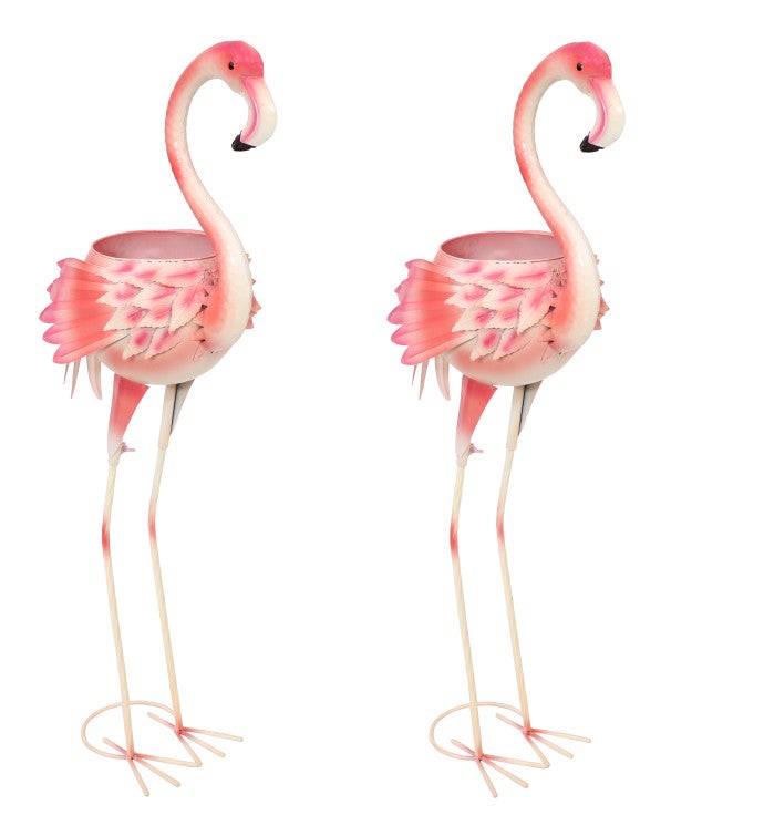 Pink Flamingo Metal Outdoor Garden Statue With Flowerpot