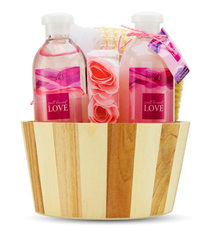 Spell Bound Love Spa Skin Care Set In Vintage Wooden Gift Basket