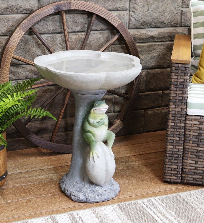 22" Bird Bath Polyresin Outdoor Garden Lightweight Brooding Frog On Stone
