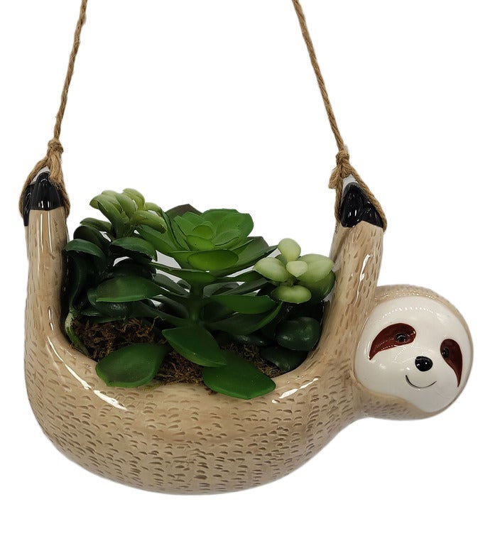 Hanging Sloth Faux Succulent Planter