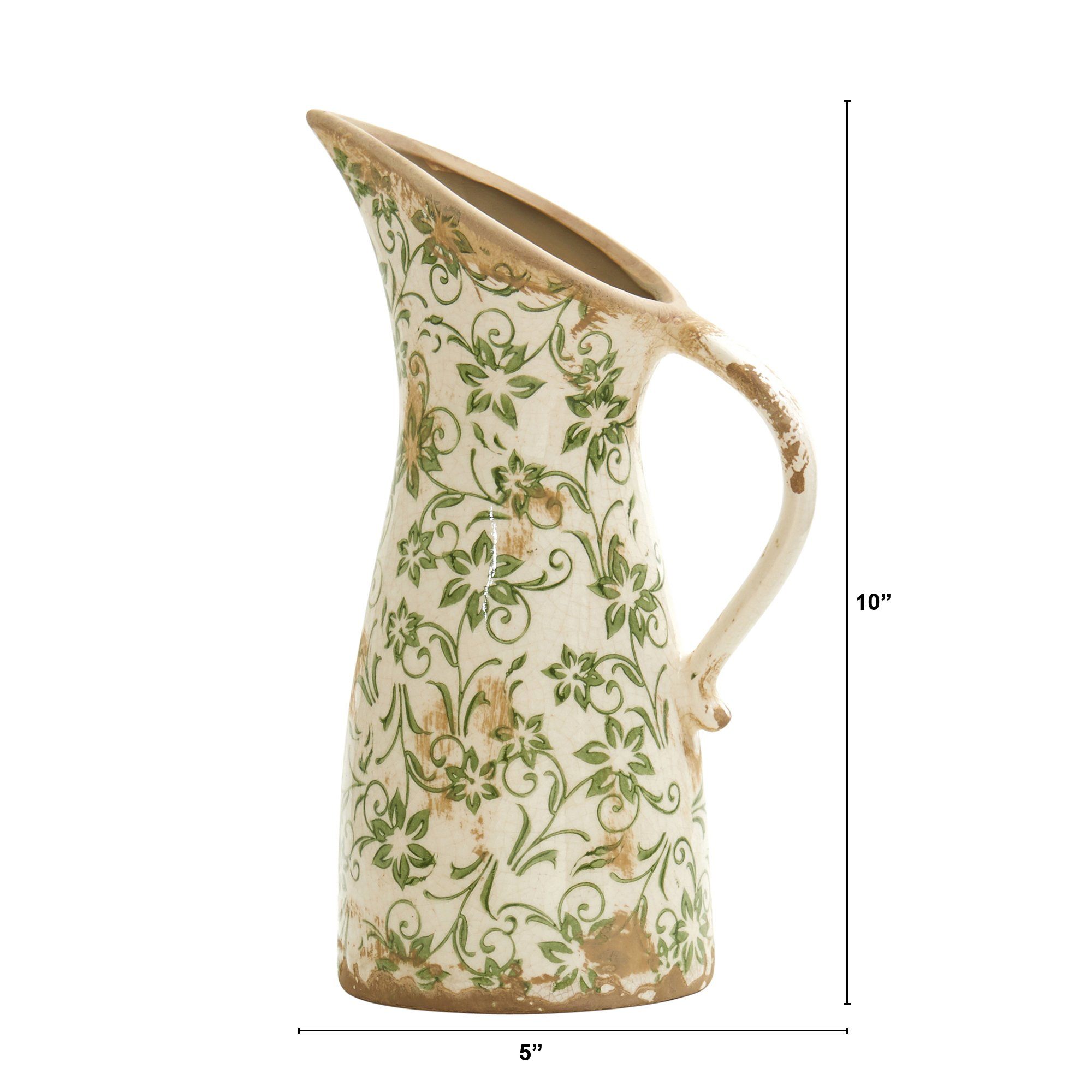 Nearly Natural 10” Tuscan Ceramic Green Scroll Pitcher Vase