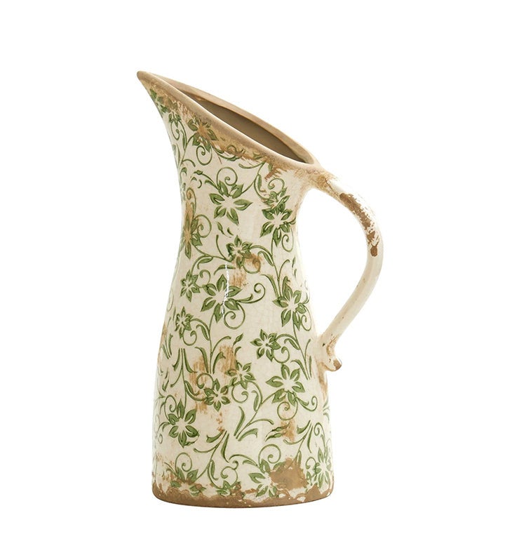 Nearly Natural 10” Tuscan Ceramic Green Scroll Pitcher Vase