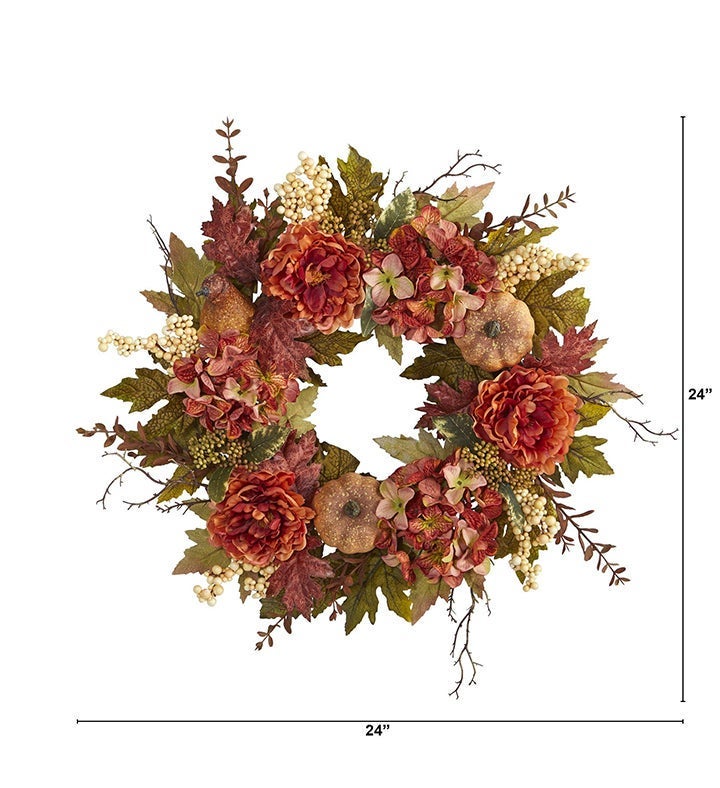 Nearly Natural 24” Peony, Hydrangea And Pumpkin Fall Artificial Wreath