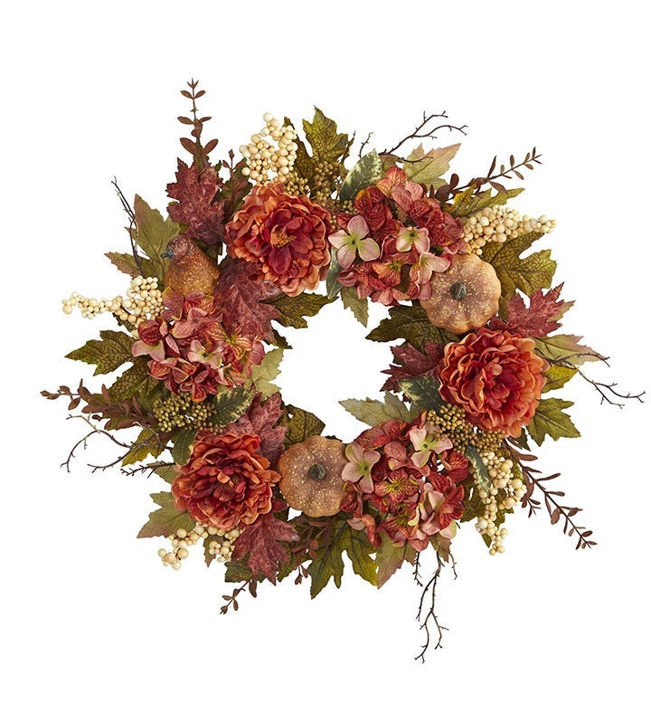 Nearly Natural 24” Peony, Hydrangea And Pumpkin Fall Artificial Wreath
