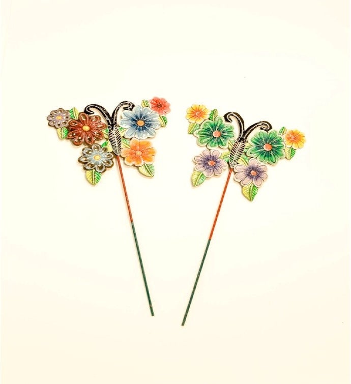 Painted Floral Butterfly Garden Stakes   Set Of 2