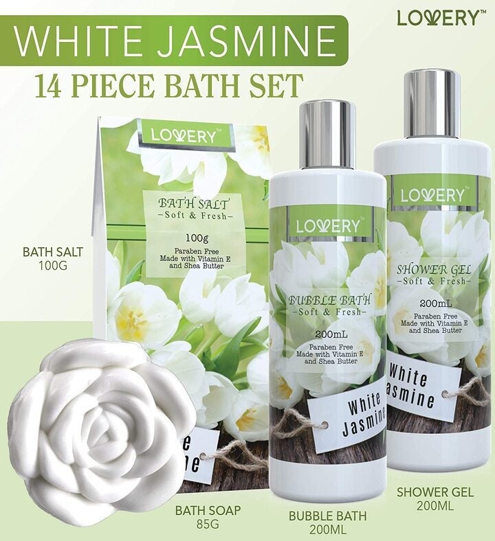 Bath And Body Gift Basket For Women & Men 14 Piece Set In White Jasmine Spa