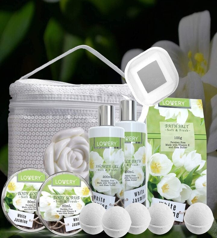 Bath And Body Gift Basket For Women & Men 14 Piece Set In White Jasmine Spa