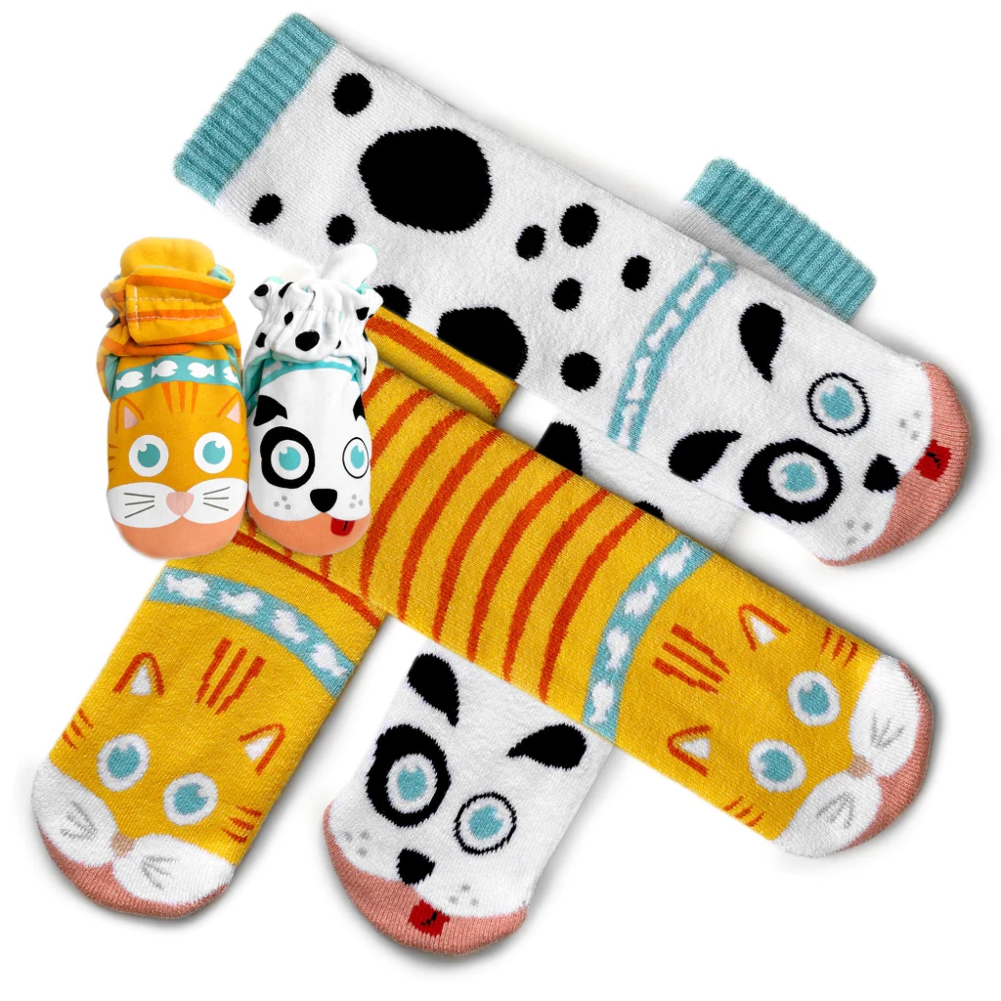 Cute Mismatched Cat & Dog  Baby Booties + 2 Parent Socks Pairs