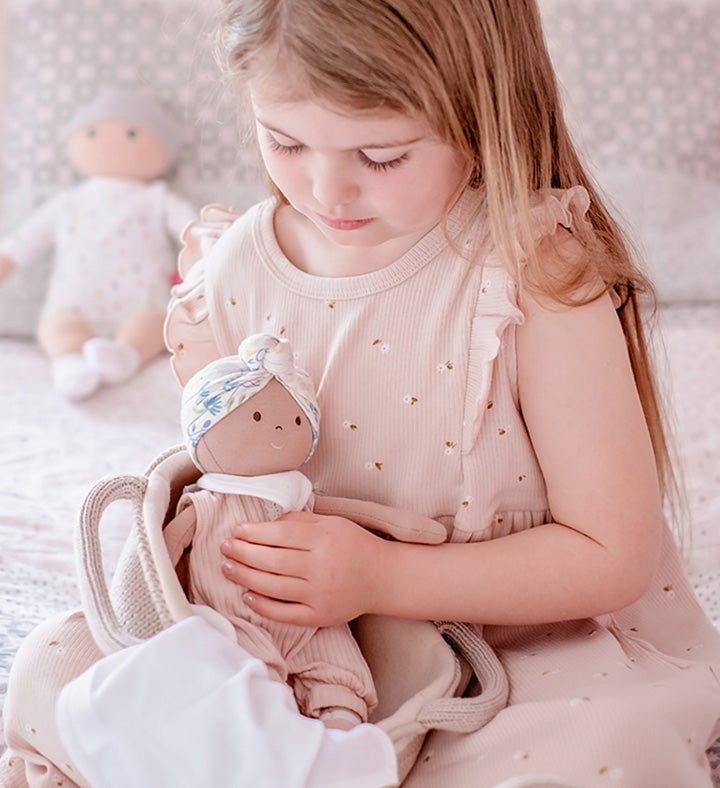 Knitted Carry Cot with baby, Soother & Blanket