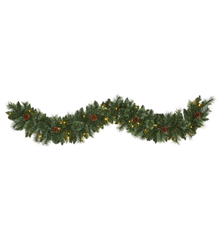 6’ White Mountain Pine Artificial Garland With Lights & Pinecones