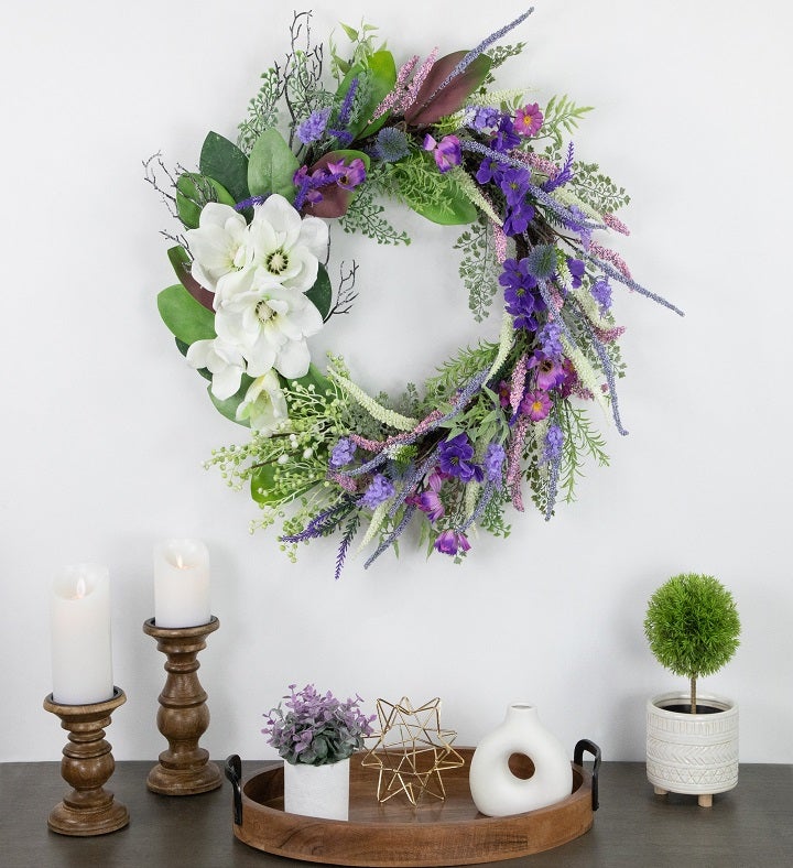 Mixed Wildflowers And Magnolias Artificial Spring Wreath 24 inch