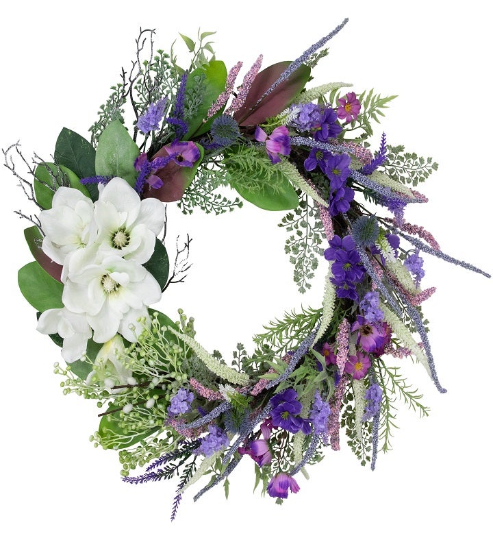 Mixed Wildflowers And Magnolias Artificial Spring Wreath 24 inch